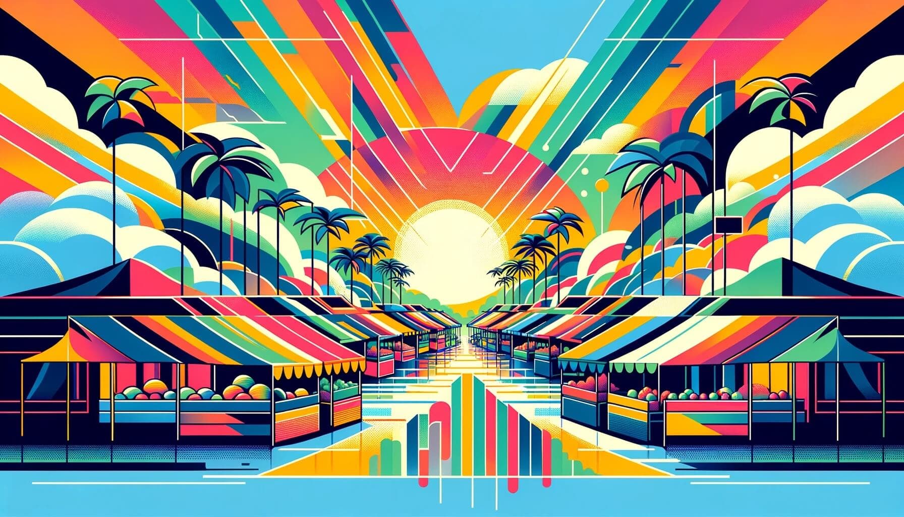 A geometric tropical landscape conceptualizing the simplicity, vibrancy and accessibility enabled by the proposed algorithmic BRICS digital currency built on blockchain, with stylized motifs like palm trees and sunrays representing its seamless integration across member nations.