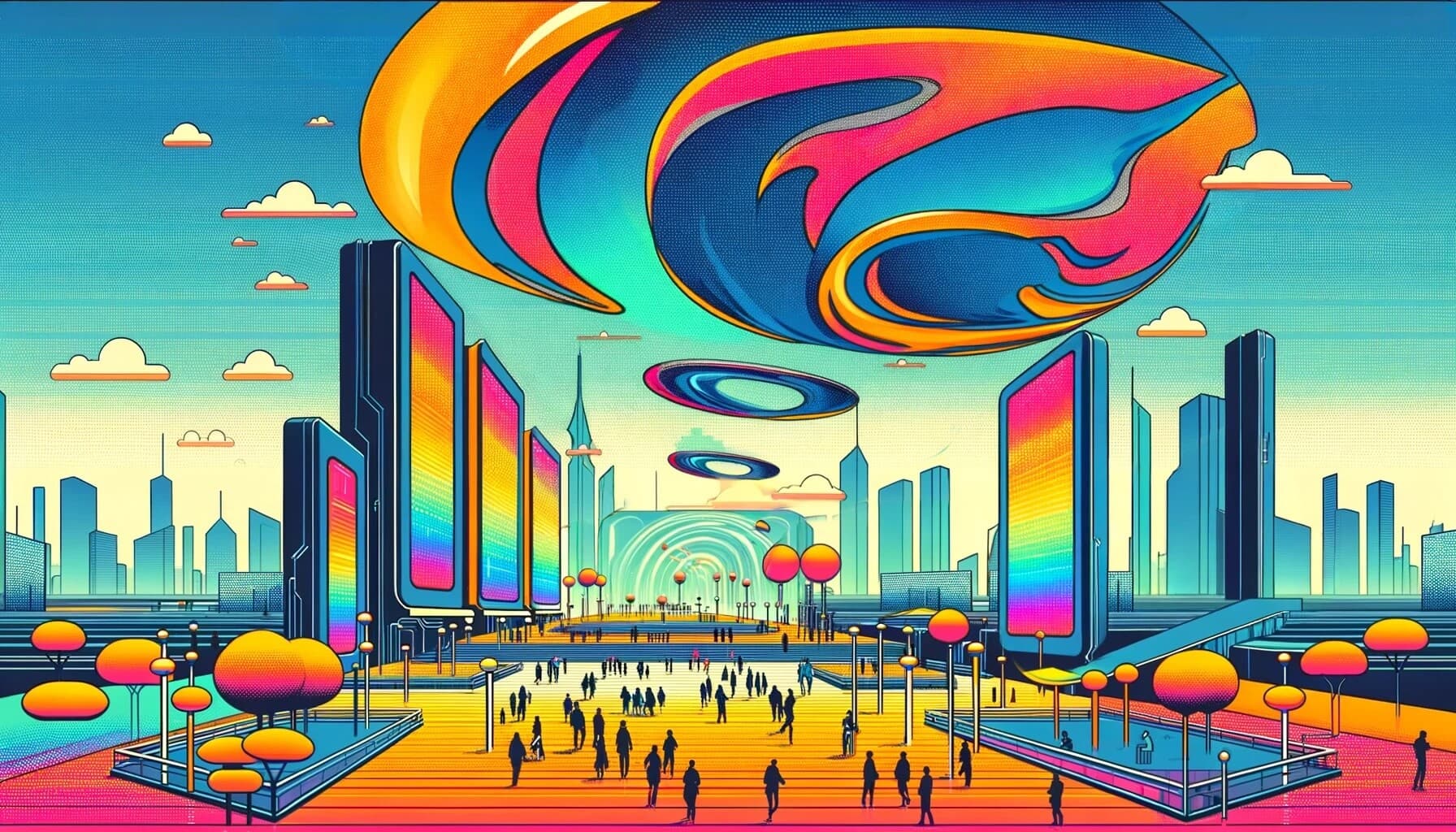 A futuristic cityscape with abstract wave-like forms and colorful geometric shapes, representing the vibrancy and accessibility enabled by the proposed algorithmic BRICS digital currency built on blockchain technology, illustrated to introduce the section on the BRICS digital currency itself.