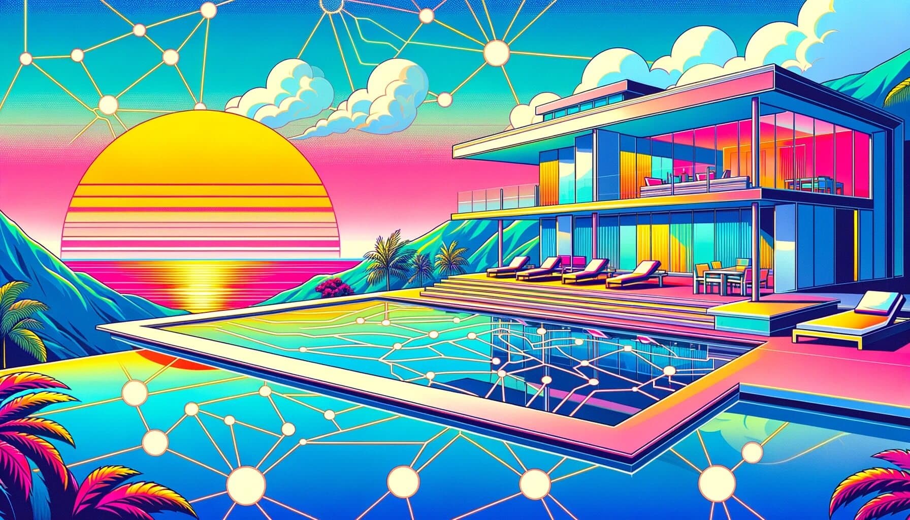 An illustration of a modern city skyline built on futuristic cryptocurrency-based infrastructure, representing the vision of economic centers powered by the BRICS currency's dynamic supply mechanism derived from a formula of economic factors from member states.