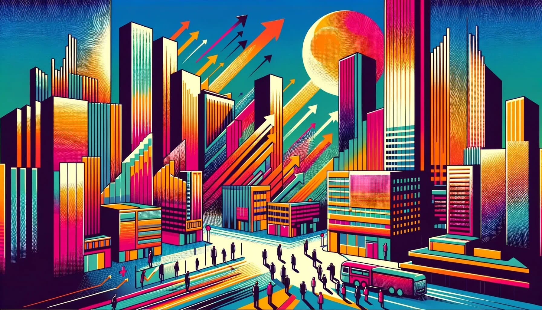 An artistic rendering of a vibrant city skyline, with colorful skyscrapers and geometric patterns representing economic growth and technological advancement, used to visually introduce the concept of digital currencies gaining global adoption, as mentioned in the section discussing digital currencies as the future of financial systems.