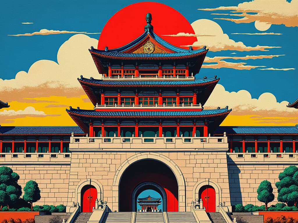 A stylized illustration of a traditional Japanese pagoda-style building against a dramatic sunset sky with a large red sun and golden clouds. The building features the characteristic multi-tiered architecture with upturned eaves, red columns, and ornate detailing, symbolizing the structured and hierarchical nature of the DICJ as a Japanese governmental institution.