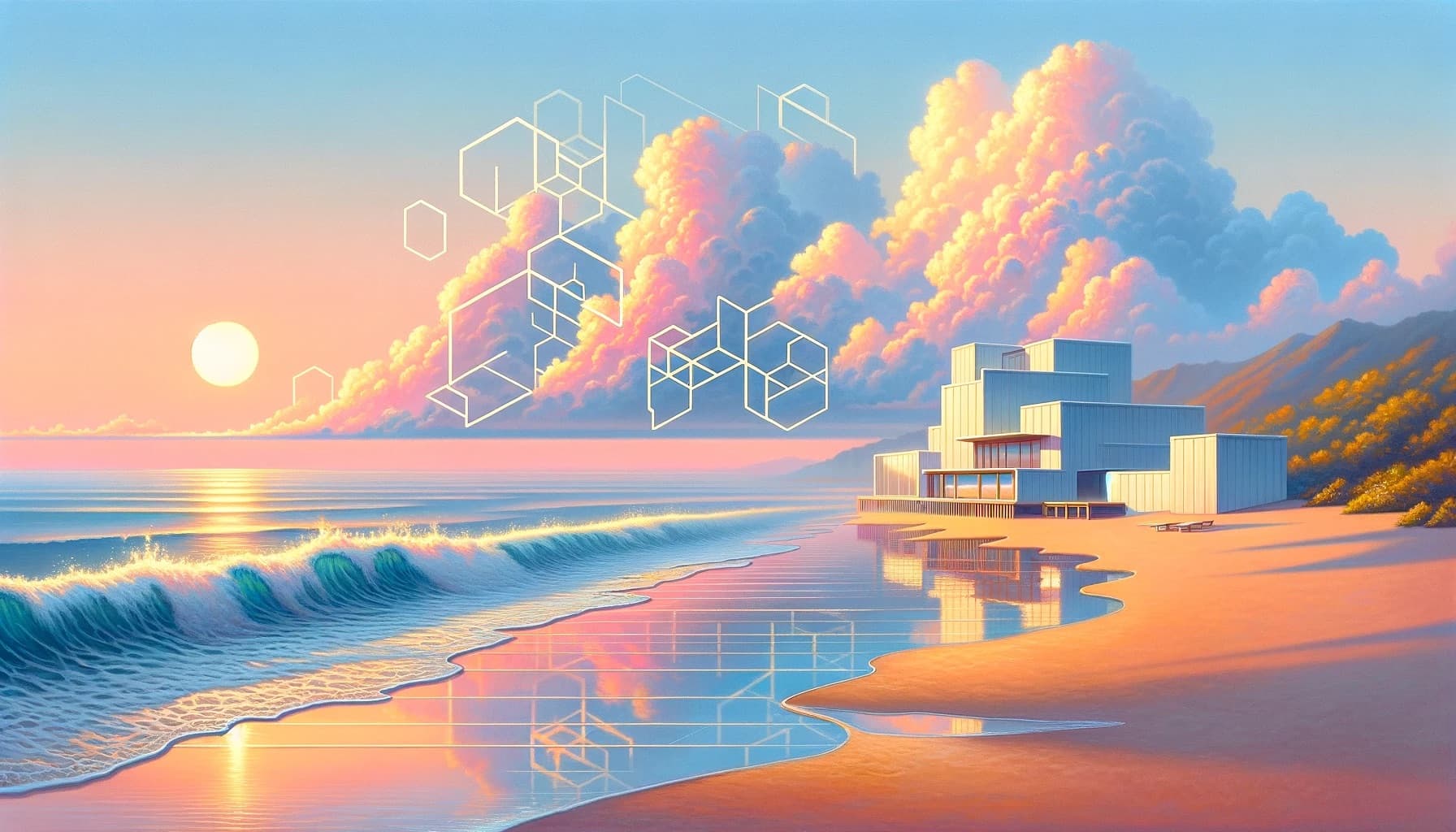 Cover image representing 'zkSNARKs & zkSTARKs: A Novel Verifiable Computation Model'. A modern architectural structure on a tranquil beach with a circuit diagram overlaid on the sunset, encapsulating the fusion of Zero-Knowledge proofs and blockchain technology, signifying the clear, logical, and systematic approach to privacy and security in decentralized applications.