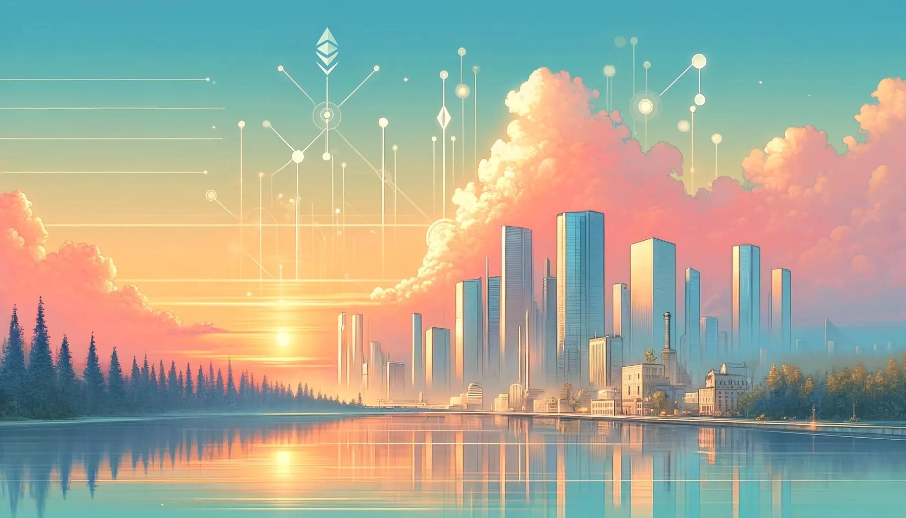 A futuristic cityscape with Ethereum's symbol integrated into the rising sun, reflecting on the water's surface, symbolizes the dawn of a new era in computational verifiability powered by Ethereum's blockchain technology and its potential to illuminate a path towards a transparent and accountable digital future.