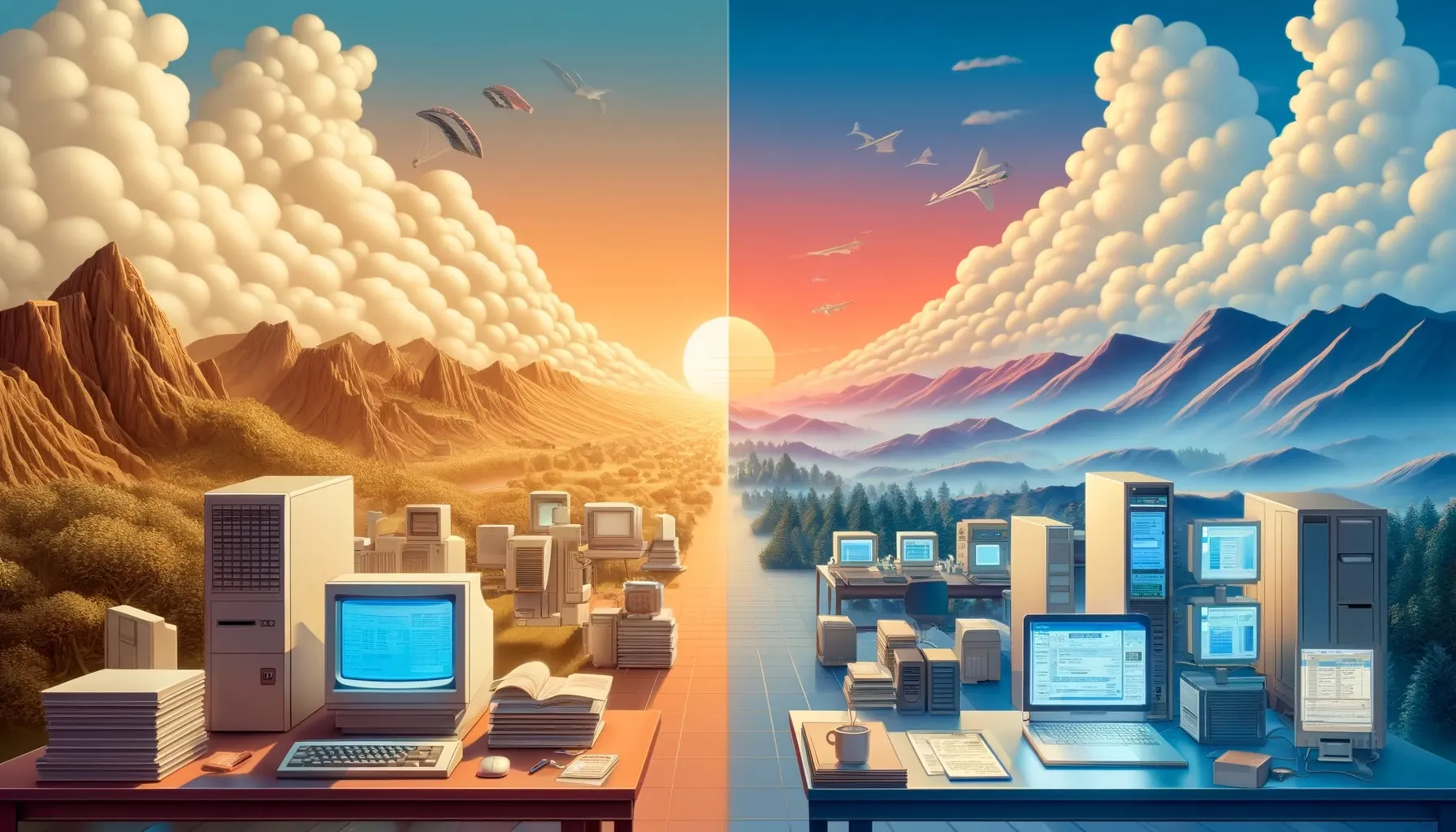  A landscape divided between traditional computing architecture and modern Zero-Knowledge proofs, with a glowing sun bisecting the scene, depicts the transition from the established to the innovative, emphasizing the revolutionary shift towards verifiable computing within the blockchain ecosystem.