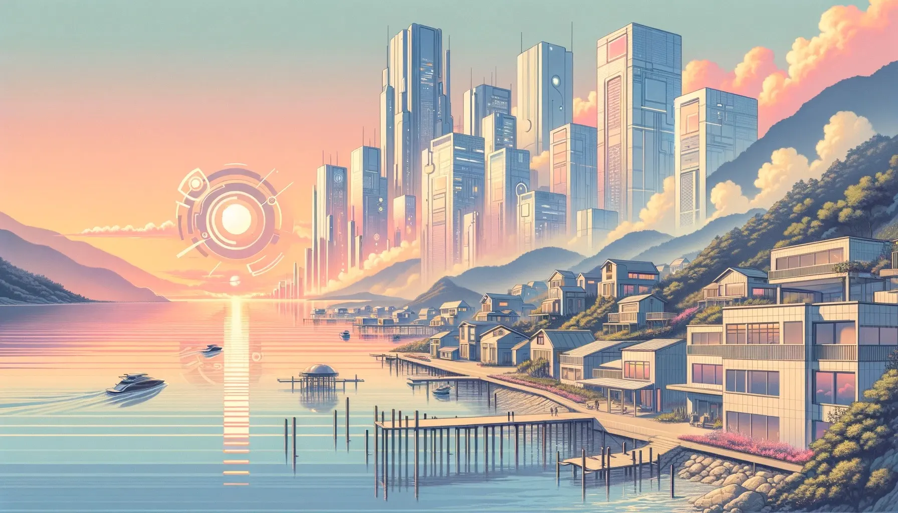 A vivid, dreamlike cityscape bathed in the glow of sunset, with abstract cryptographic structures in the sky, alludes to the transformative potential of zkSNARKs and zkSTARKs in addressing the inherent limitations of the Ethereum Virtual Machine, heralding a future of enhanced scalability and efficiency.