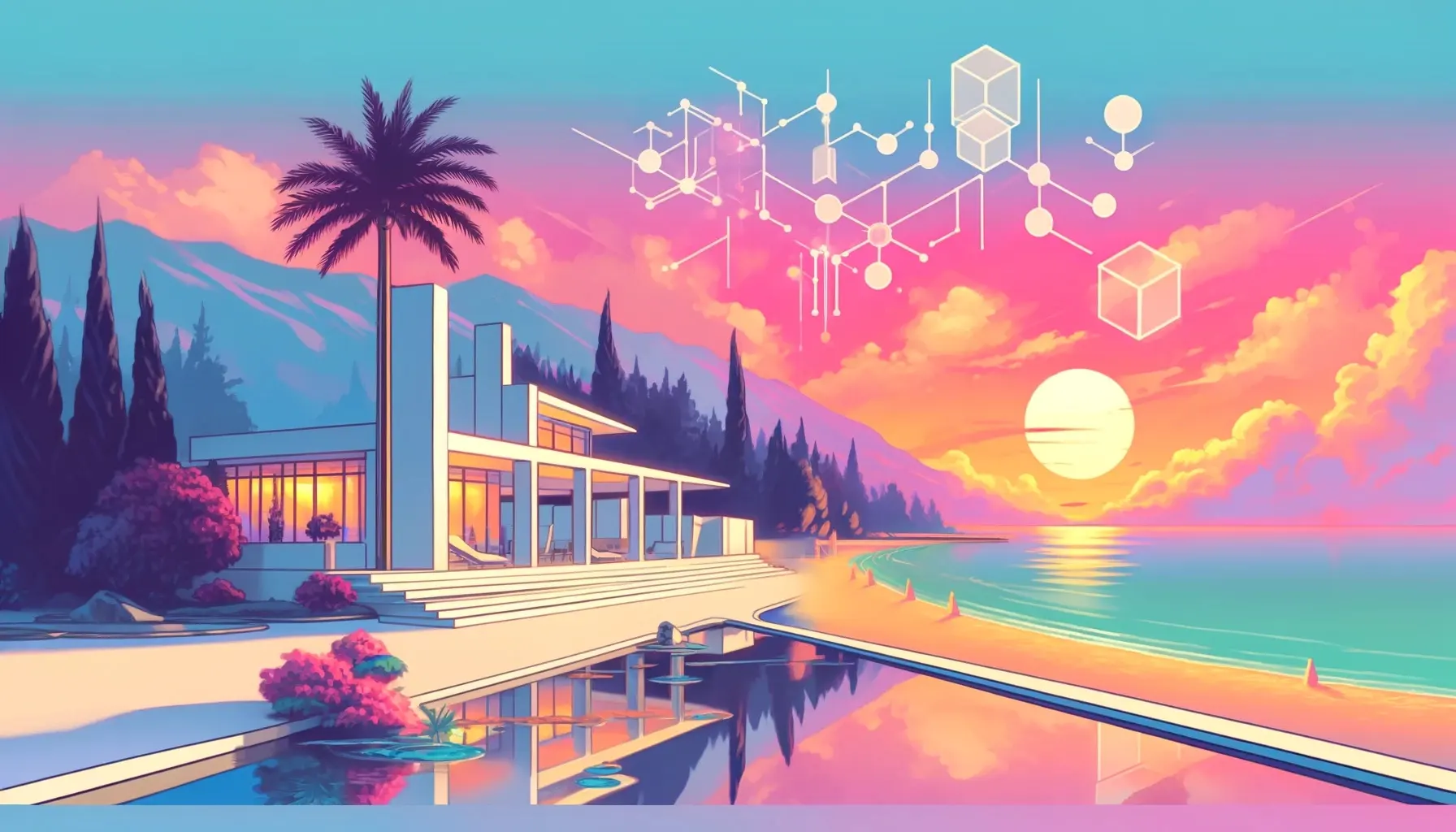 A serene coastal landscape at dusk, where the calm sea meets a technologically advanced house, symbolizing the intersection of leisure and the complex, yet seamless integration of blockchain technology with Zero-Knowledge proofs, embodying the tranquility and potential of secure, private transactions in a decentralized world.