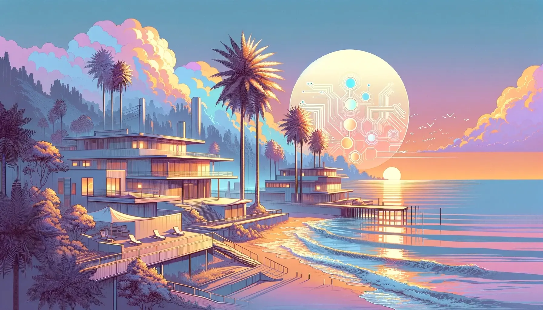 An idyllic scene with futuristic buildings on a coastal setting, accompanied by an intricate network of geometric shapes in the sky, metaphorically illustrating the conclusion of a journey through the landscape of Zero-Knowledge proofs, where the complexity and beauty of blockchain's potential are perfectly aligned with the horizon of innovation.