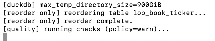 Reordering of a 5 billion row DuckDB table completed yesterday ๐